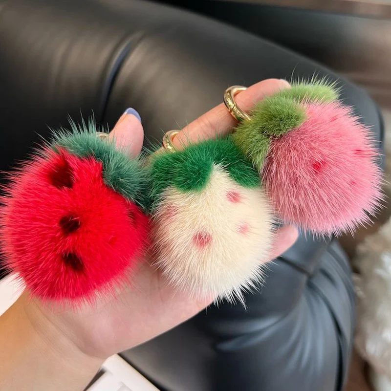 Mini schattige echte nertsbont kleine aardbei auto sleutelhanger hanger pluche bal tas decoratie