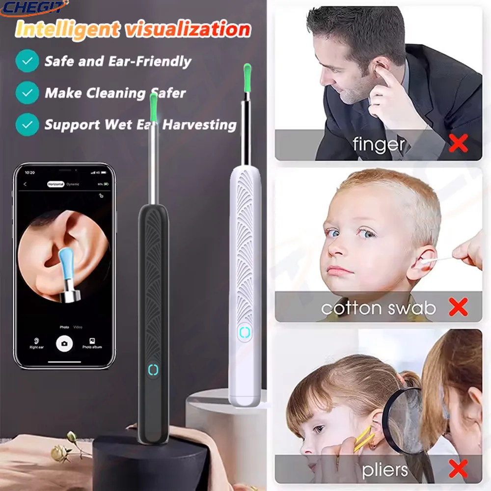 

360° wide-angle Rechargeable earwax removal tool set with camera, waterproof, USB-C charging, portable ear cleaning tool