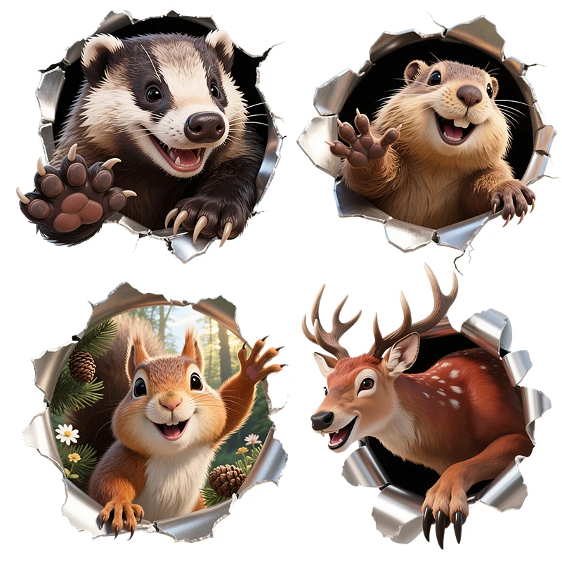Three Ratels CAA64 Happy forest animals breaking holes wall stickers for home decoration car decals