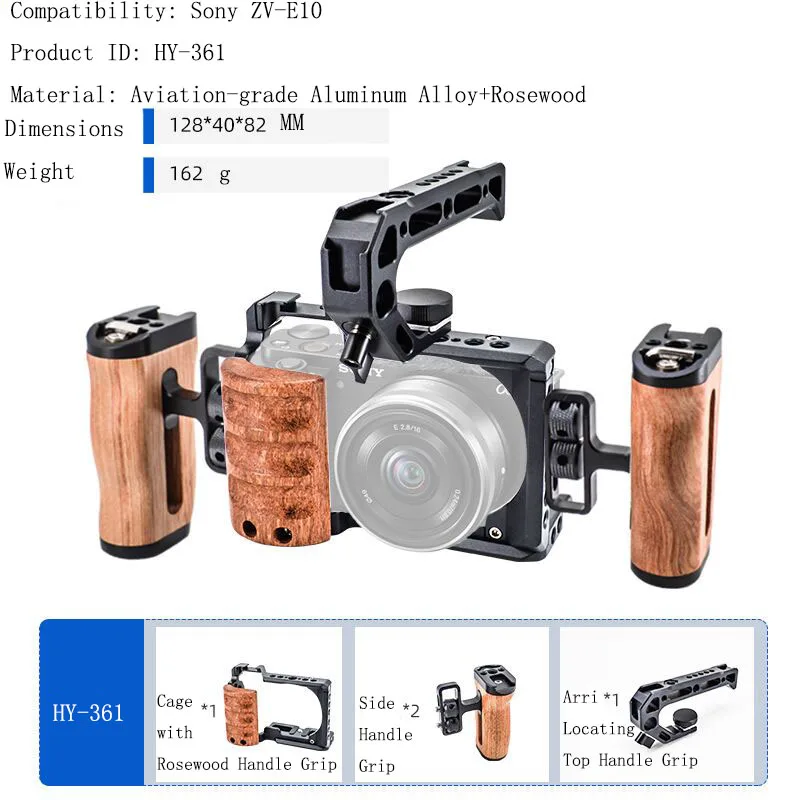 PyroGraphy ZV-E10 Cage Kit Handheld Shooting Kit with Full Cage Built-in Rosewood Hand Grip Top&Side Handle Grip for Sony ZV-E10