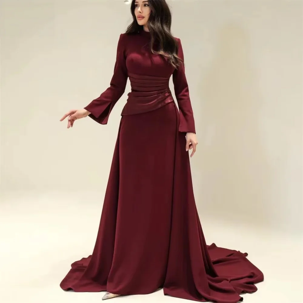 Women Dresses Elegant High Neck Mermaid Formal Dresses Long Sleeve Ruched Sash Floor Length Train Evening Wedding Guest Gowns