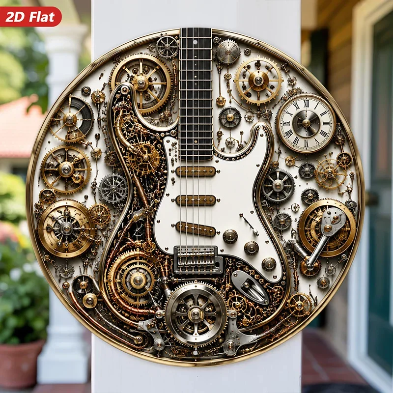 Vintage Round Steampunk Guitar Gear Metal Tin Sign 2D Flat  Retro Musical Instrument Wall Plaque Bar Studio Home Wall Decor Sign