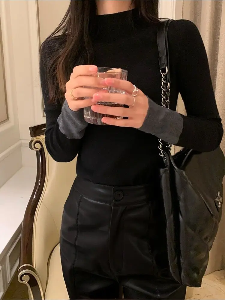 Autumn Winter Long Sleeve Half Turtle Neck T-Shirt Women's Contrast Color Design Slim Fit Versatile Temperament Bottoming Top
