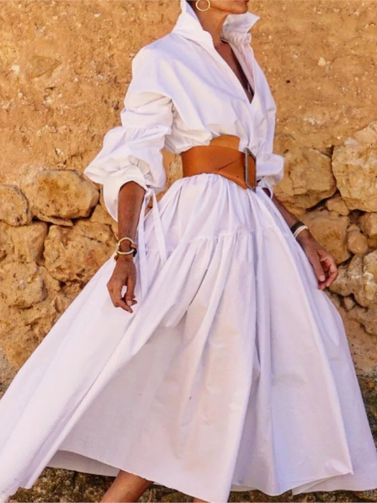 

Spring New Women's Clothing Dress Summer Solid Color Leisure Fashion Temperament Long Sleeved Sleeve Lace Up Casual Lapel Dress