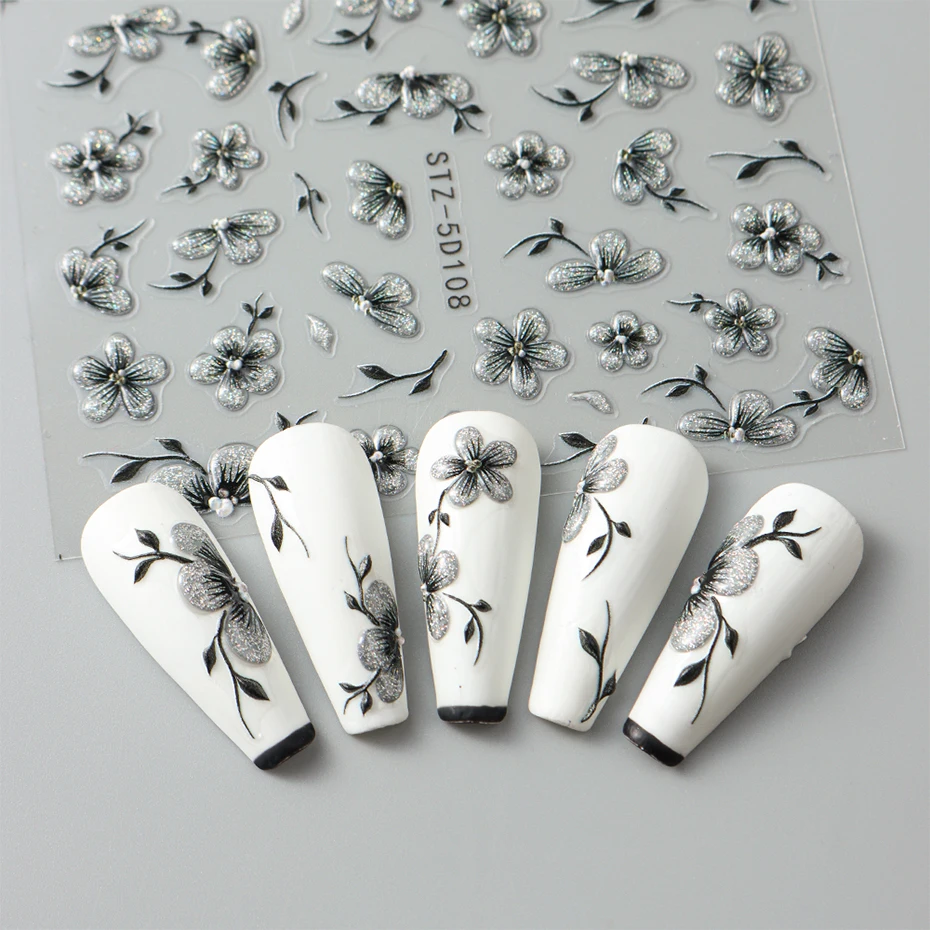 5d em relevo preto glitter flor arte do prego adesivos florescendo design floral decalques de unhas auto-adesivo silder diy manicure suprimentos