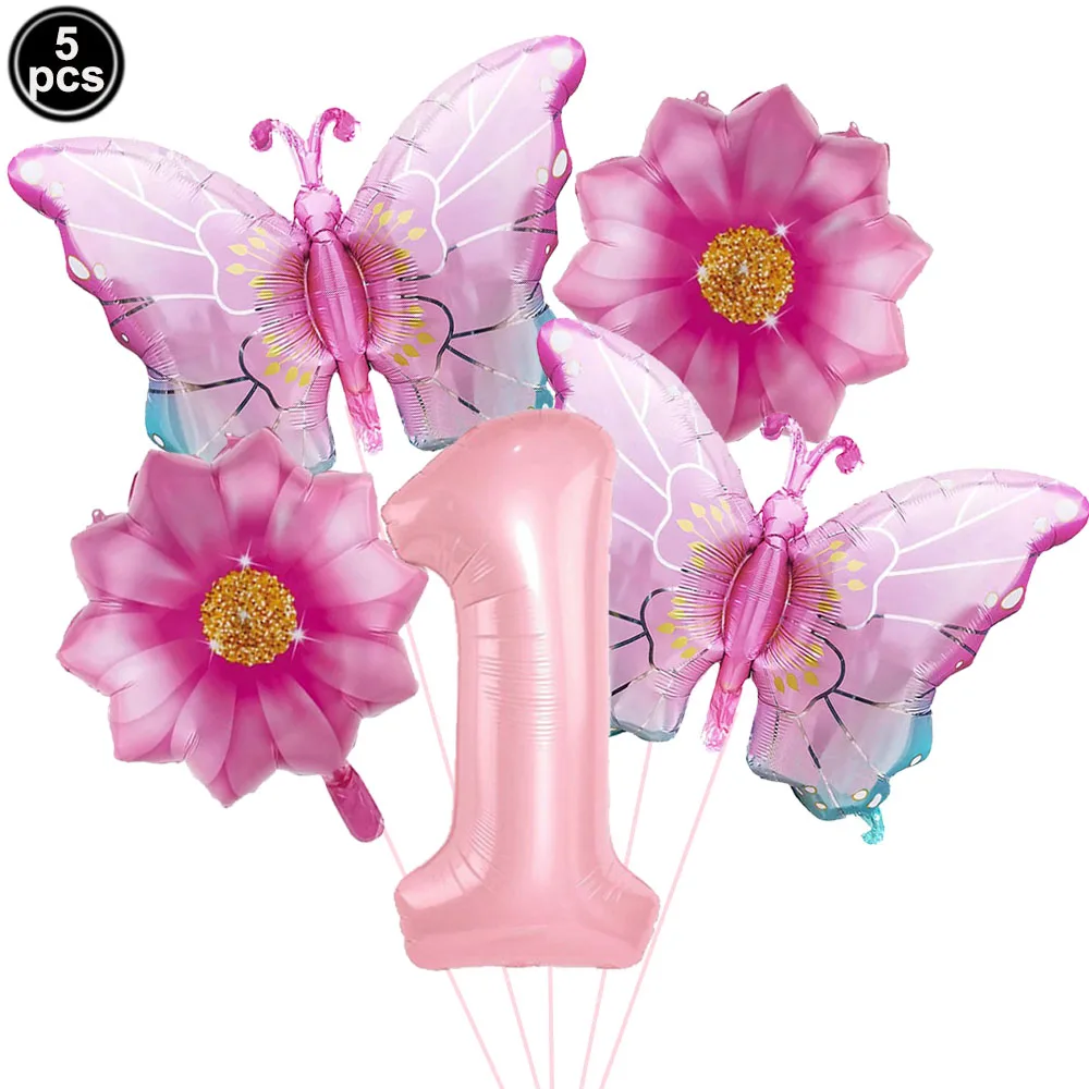 Rosa Zahlenballon Schmetterlingsballon Set Schmetterlingsballons Folie 32 Zoll 1.-9. Zahlen Geburtstagsdekoration für Mädchen Babyparty