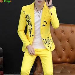 Blazer et pantalon slim College jaunes pour hommes, veste imbibée, noir et blanc, printemps et automne, fjSpring, nouveau, 2024, 2 pièces