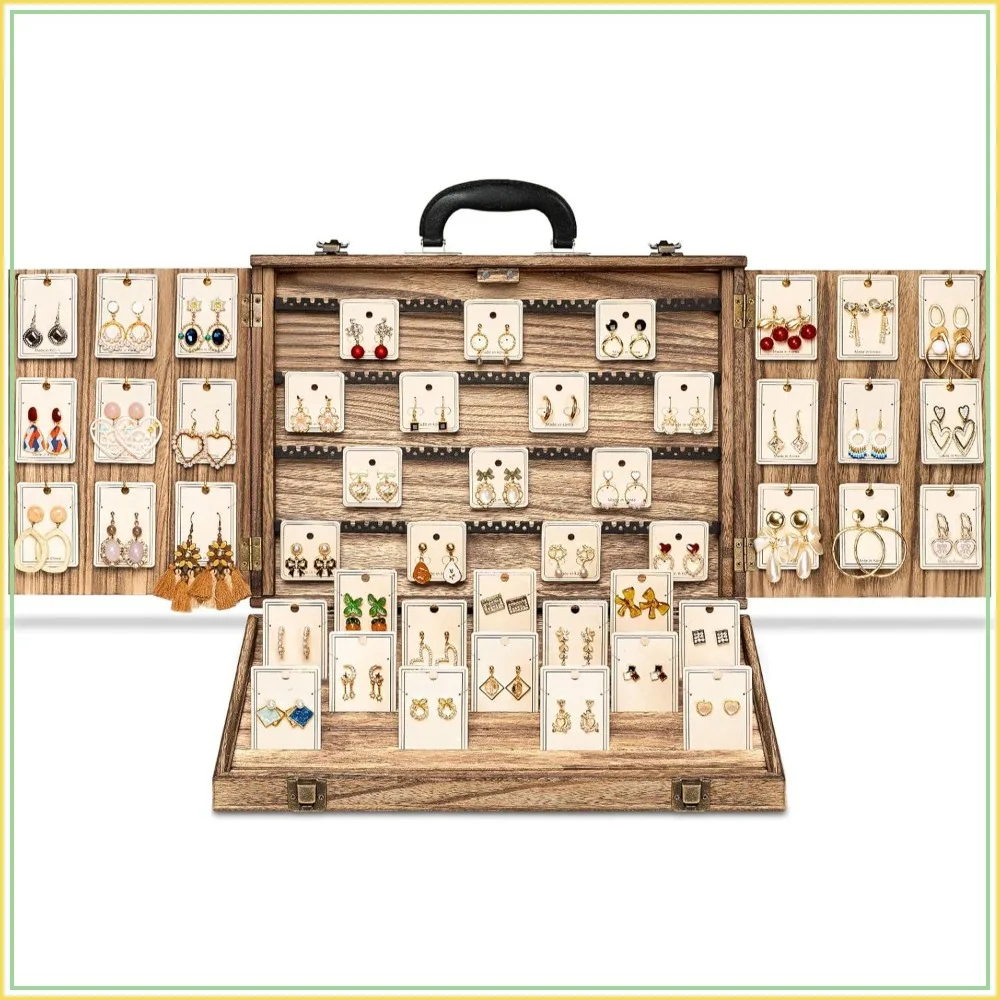 Portable Wood Jewelry Display Case, Large Capacity Earring Card Holder Organizer with Lock for Earrings, Bracelets, Necklaces