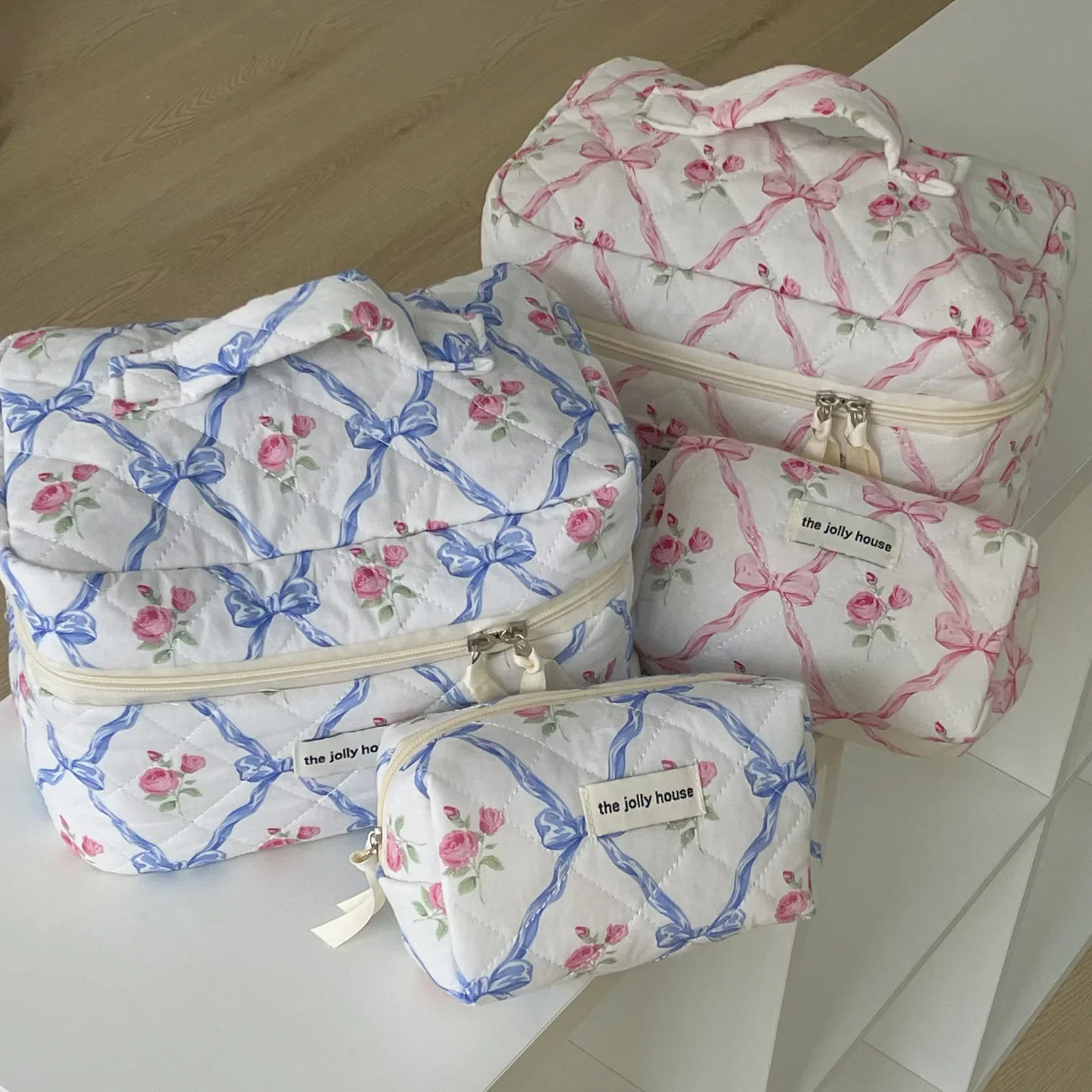 Cute Bow Flower Quilting Cotton Makeup Bag Women Zipper Cosmetic Organizer Female Cloth Handbag Portable Toiletry Case for Girls