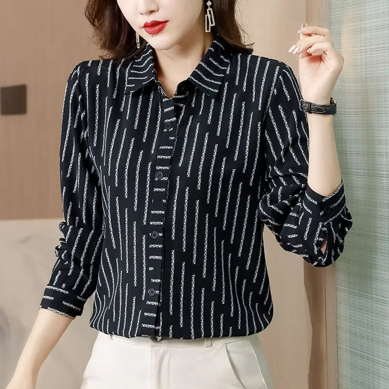 Women\'s Spring and Autumn Fashion Commuter Polo Neck Striped Button Casual Versatile Long Sleeved Loose Chiffon Shirt Tops