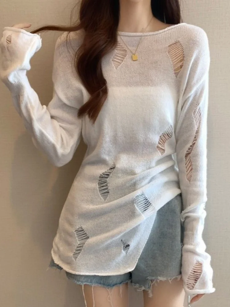 HOUZHOU Kpop Grunge Hollow Out Gray Sweater Women Harajuku Solid Split Distressed Knit Jumper Spring Long Sleeve Tops Pullover