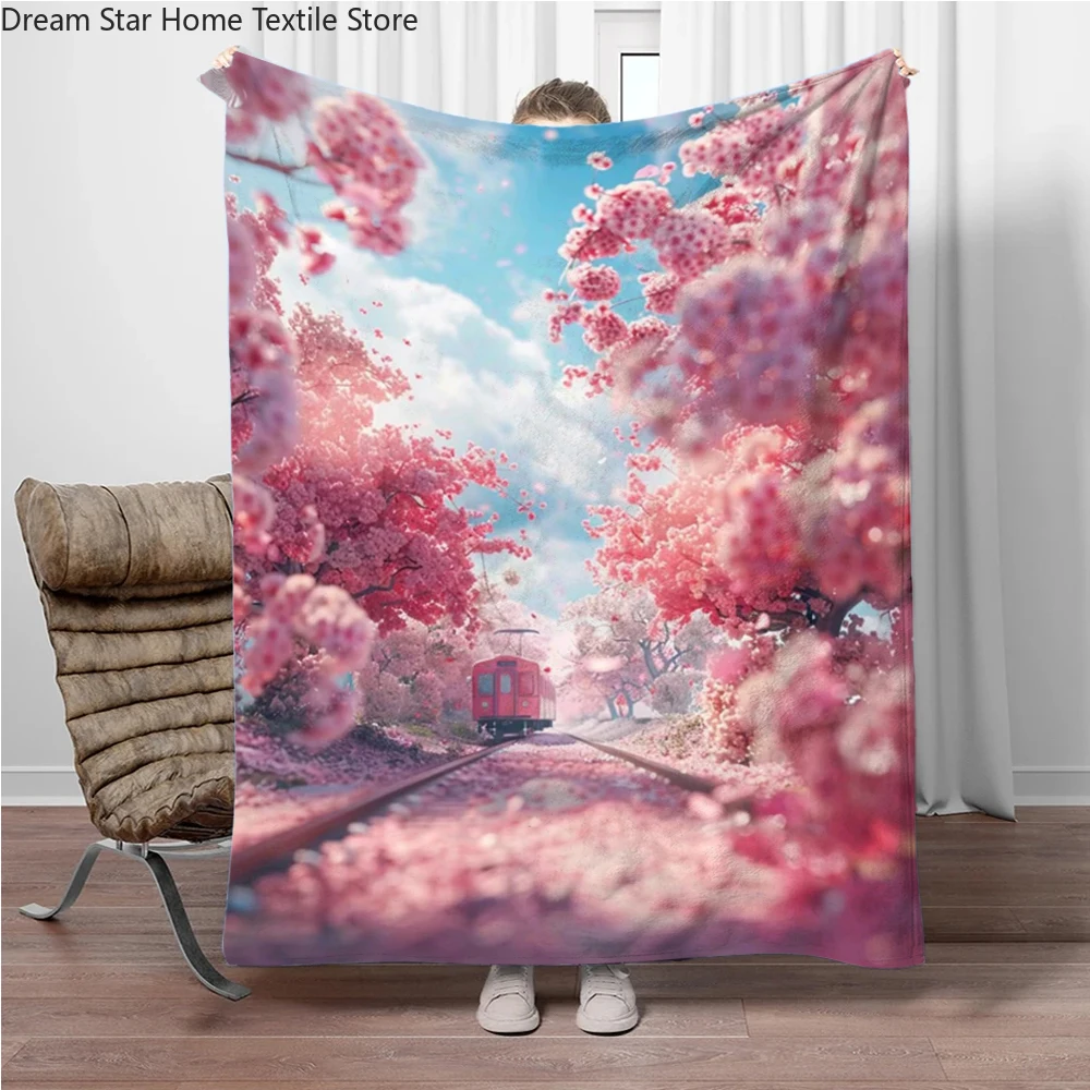 Fantasy Sakura Train Flannel Blanket Children Warm Soft Blanket for Sofa Bed Cover Blanket Suitable for Birthday Souvenir Gifts