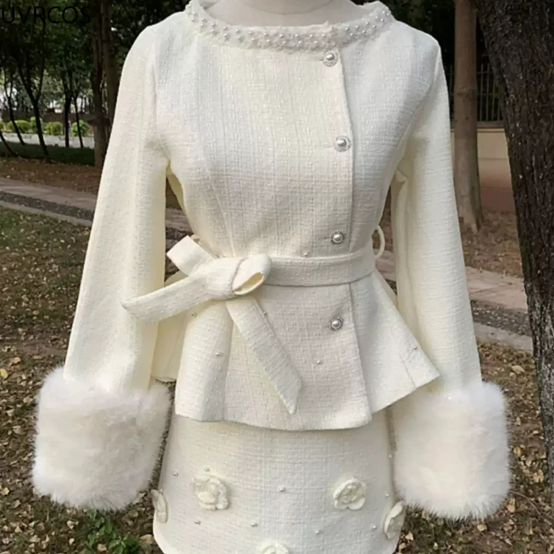 Kawaii Warm Elegant Two Piece Set Women Sweet Plush Collar Tweed Short Jackets Flower Slim Mini Skirt Suits Korea Winter Outfitn