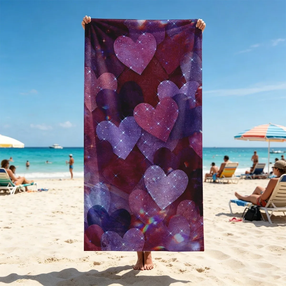 Dreamy Purple Gradient Heart Towel Shimmer Effect Festival Party Accessory for Dance & Beach Night