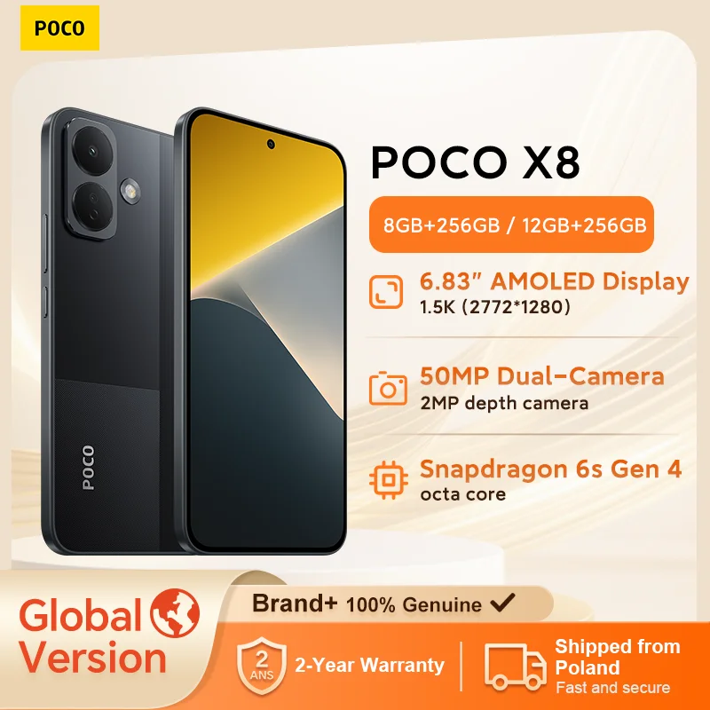 Globalna wersja POCO X8, smartfon z procesorem Snapdragon 6s Gen 4, bateria 8340 mAh, szybkie ładowanie 67 W, aparat główny 50 MP z stabilizacją obrazu OIS, wyświetlacz AMOLED 6,83 cala o