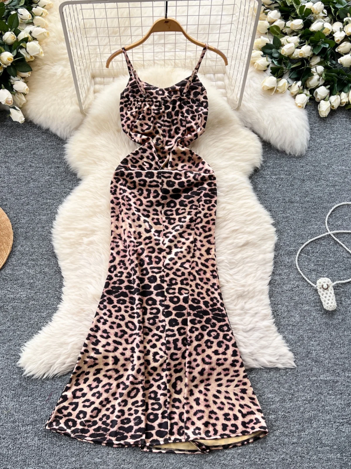 Vestido largo con tirantes para mujer, vestido Sexy de verano con estampado de leopardo de satén dividido, ajustado, cola de pez, para fiesta y Club