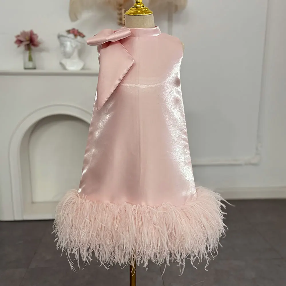 Jill Wish Luxury Mini Arabic Pink Flower Girl Dress piume di struzzo Bow Baby Kids Birthday Wedding Party Gown Pageant J117