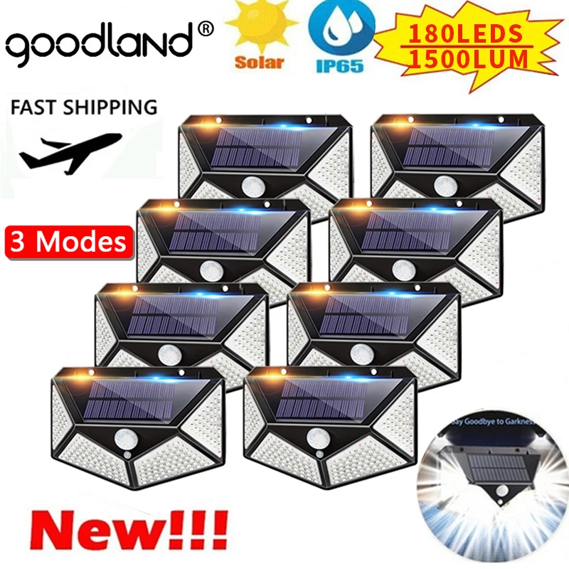 

Goodland 180 100 светодиодный солнечный светильник, уличная лампа на солнечной батарее, солнечный светильник, водонепроницаемый светильник с пассивным ИК датчиком движения для украшения сада