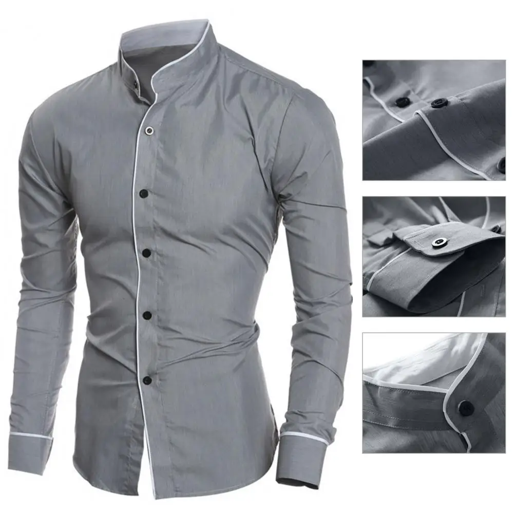 

New Men's Slim Fit Shirt Classic Solid Simple Standing Neck Shirt Personalized Spliced Bottom Shirt Versatile Casual Top