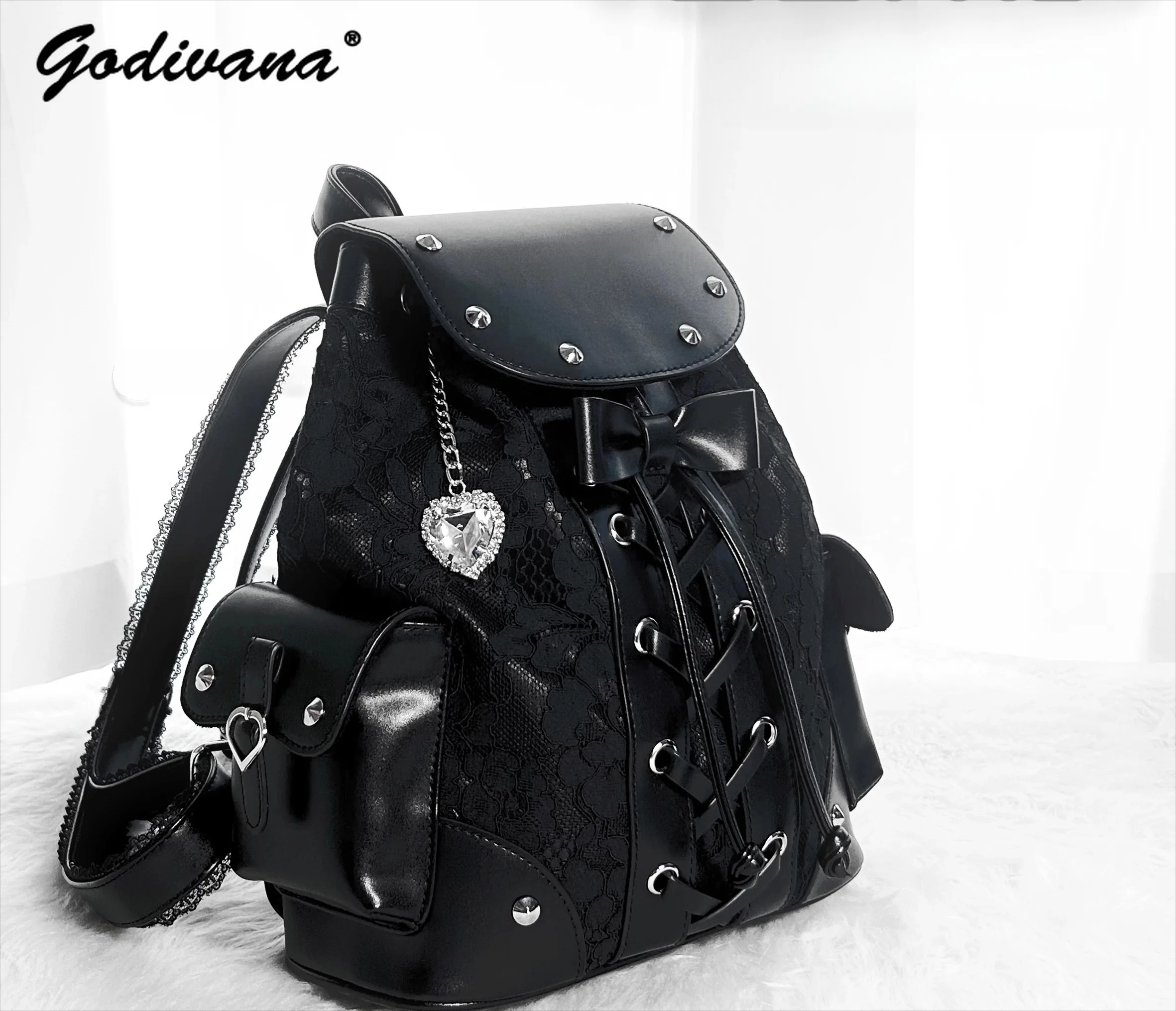 Original Japanese Style Lace Heart Studded Subculture Backpack Student Girls Lolita Black Leather Shoulder Bags