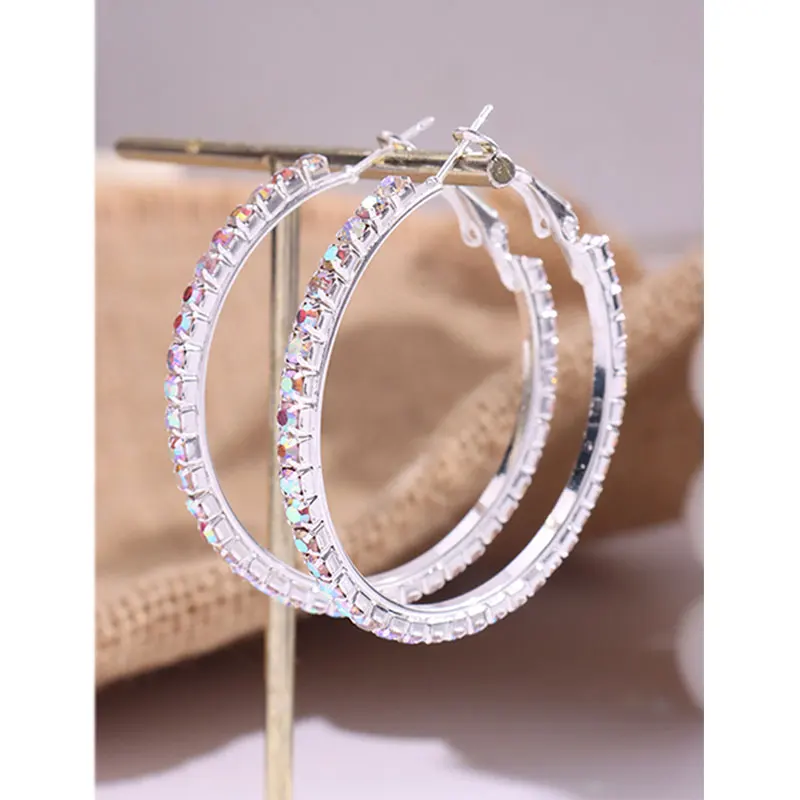 Laser Zircon Rhinestone C Shaped Hoop Earrings for Women Girl Trendy Exaggerate Shining Punk Luxury Wedding Party Accessories