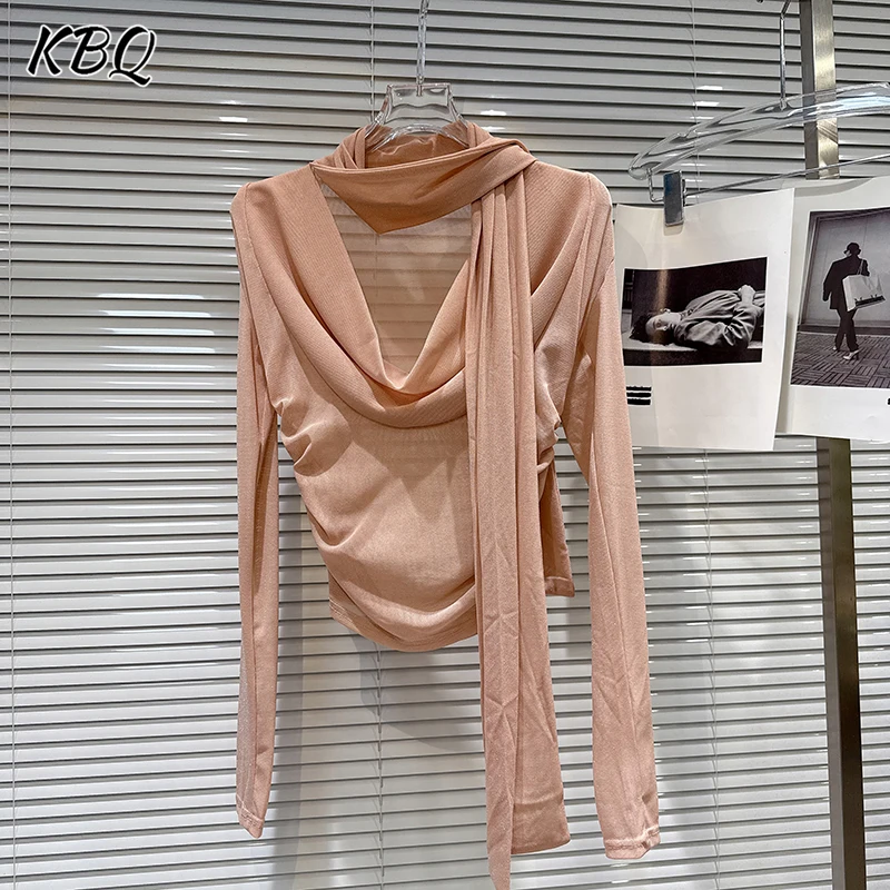 

KBQ Solid Spliced Folds Loose T Shirts for Women Round Neck Long Sleeve Minimalist Casual Sheer Tops Female Autumn Fashion New