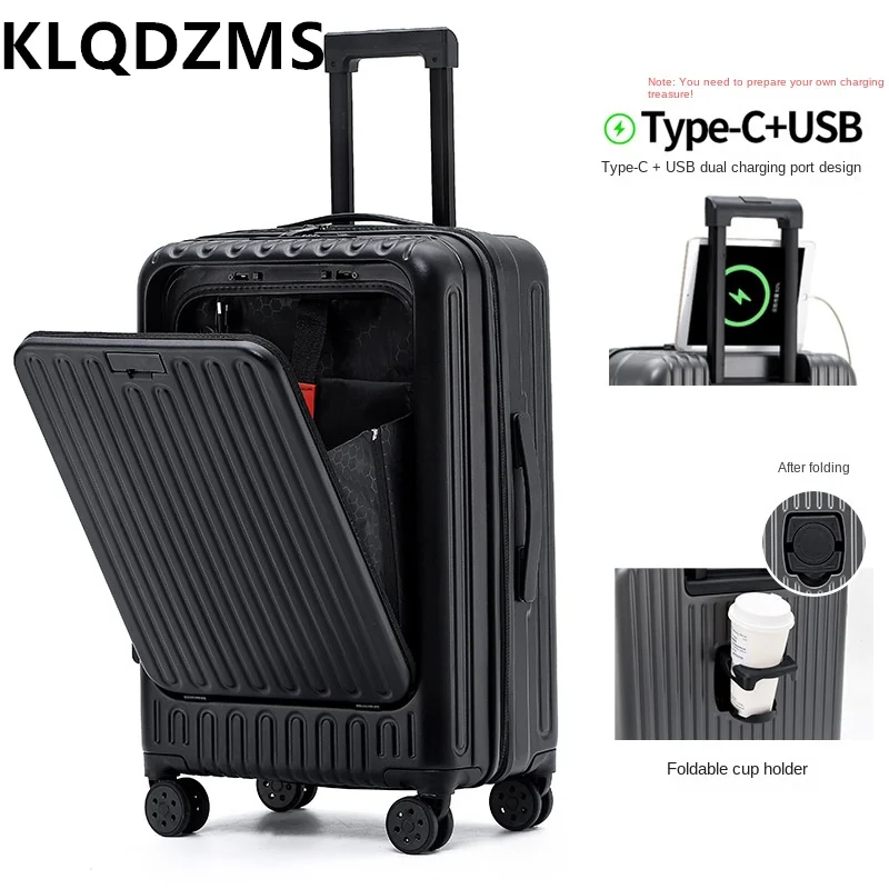 KLQDZMS ABS+PC Suitcase USB Charging Front Opening Laptop Trolley Case 20"24"26 Inch with Cup Holder Women's Cabin Luggage