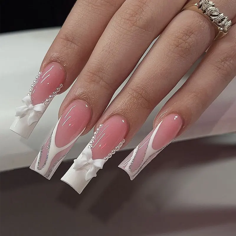 Long Coffin Irregular French Press On Nails Pearl Bow Glitter Fake Nails