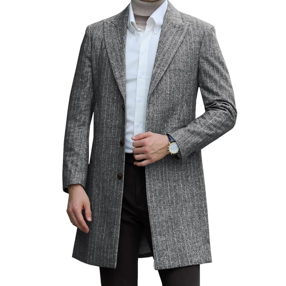 

Мужское повседневное пальто средней длины из искусственной шерсти в полоску, деловой плащ на пуговицах