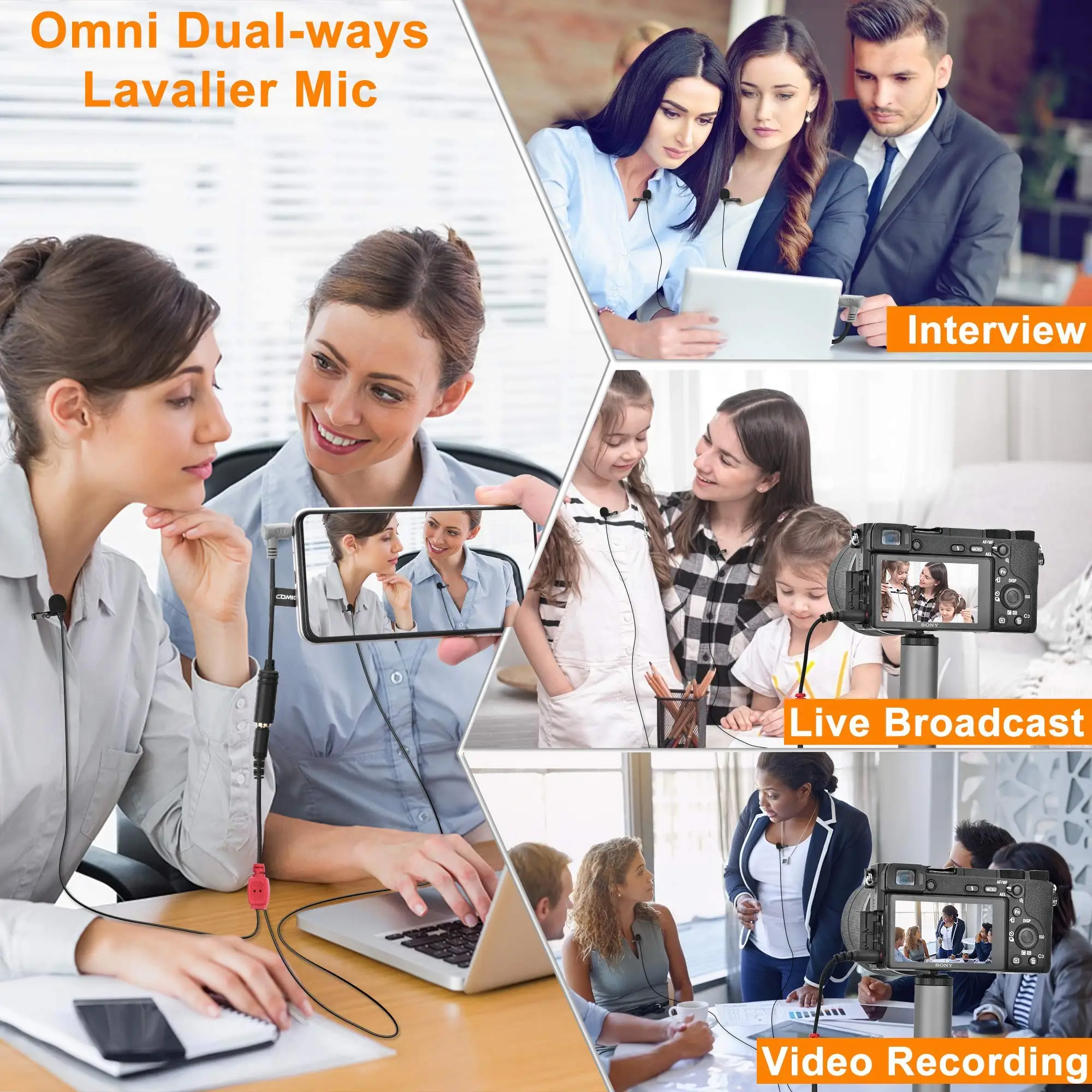 Comica CVM-D02 Dual Lavalier Lapel Microphone Clip-on interview mic for iPhone Android Smartphone for Sony Canon Nikon Cameras