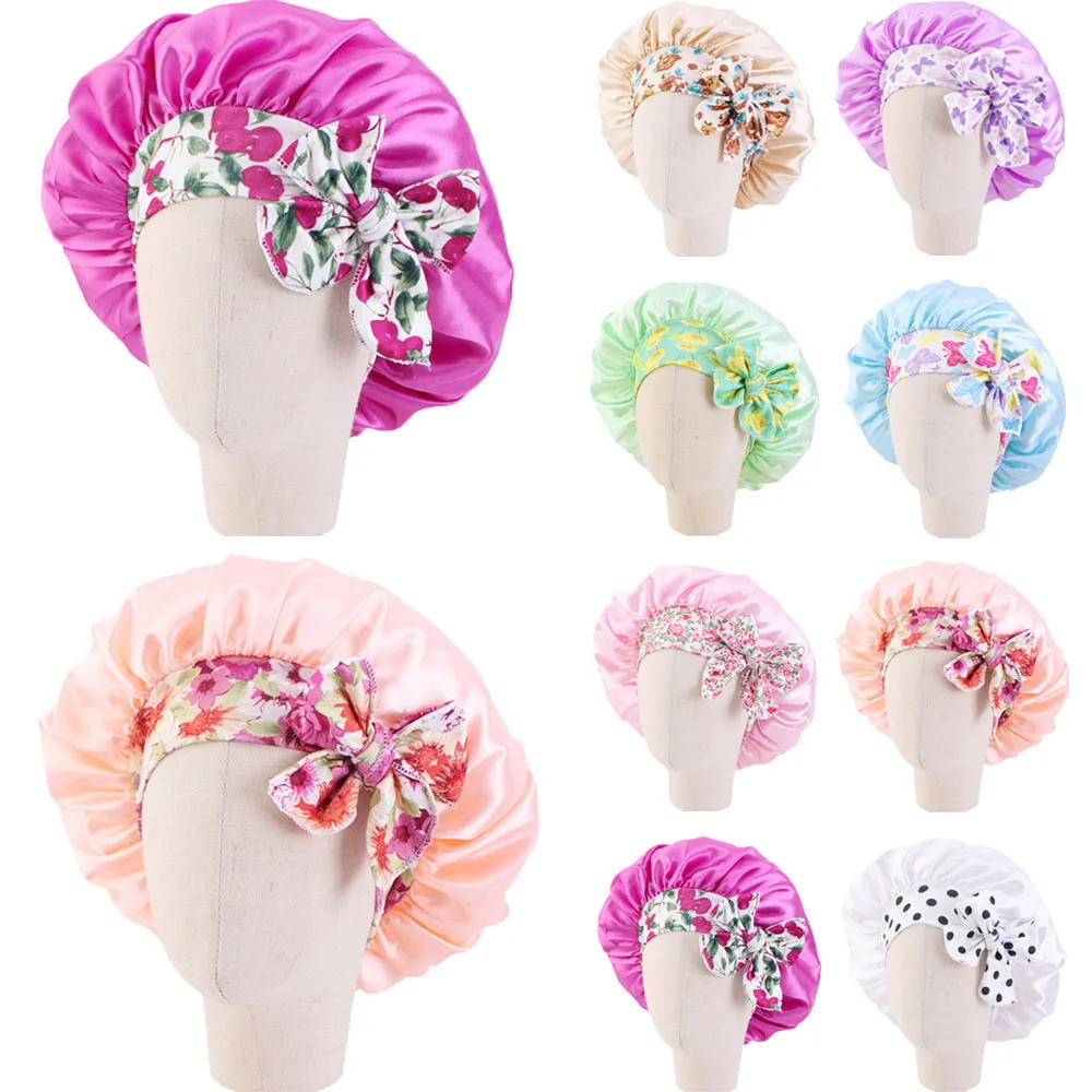 Child Kids Satin Bonnet with Print Wide Stretch Ties Long Hair Care Night Sleep Hat Adjust Hair Styling Cap Head Wrap Cap