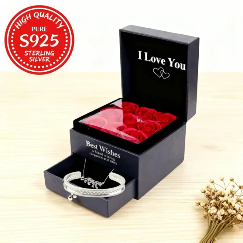 

Elegant 925 Sterling Silver Leopard Necklace & Olive Branch Bracelet Set - Rose Gift Box Holiday Gift for Women