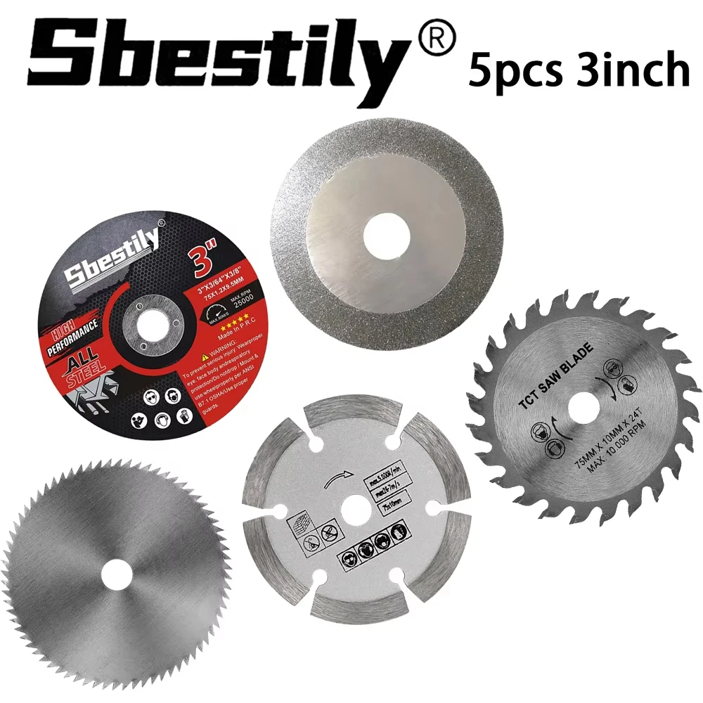 

5 шт. 3 "отрезной диск по металлу, твердосплавное полотно для циркулярной пилы, диски для резки древесины, отрезной диск для камня, отрезной диск для стекла для угловой шлифовальной машины