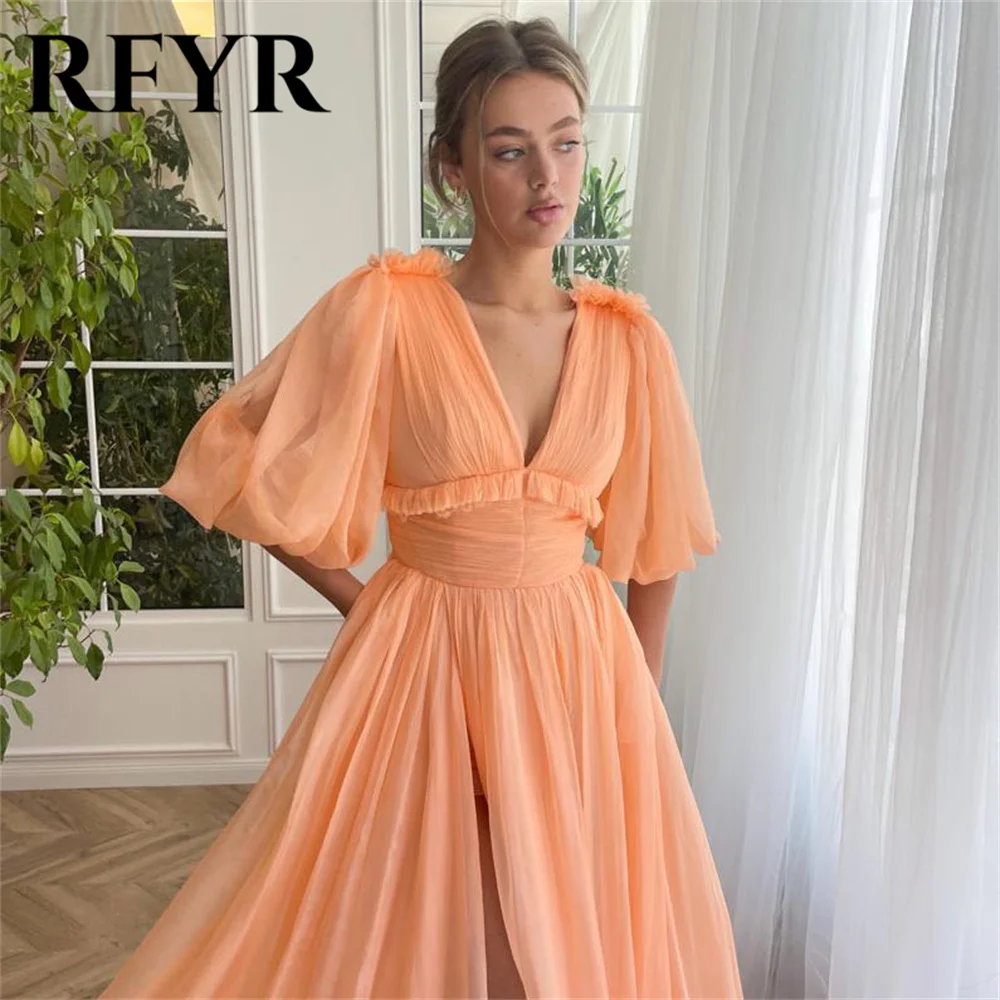 RFYR Orange Chiffion Prom Dress V Neck Celebrity Dresses Women's Evening Dress Puffy Sleeves Formal Gowns 프롬 드레스 Customized