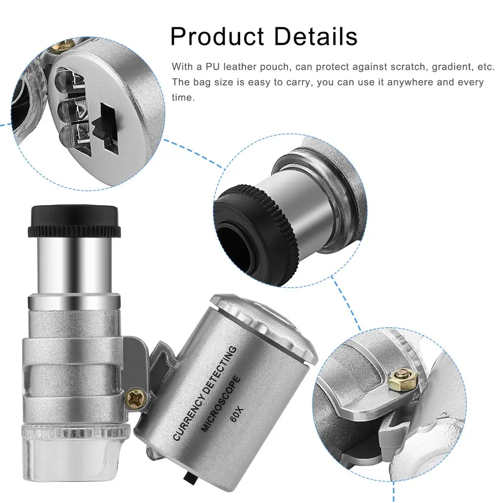Mini Portable Handheld Money Tester 60X Currency Detecting Microscope Magnifier Loupe Glass LED Light UV Silver Microscope