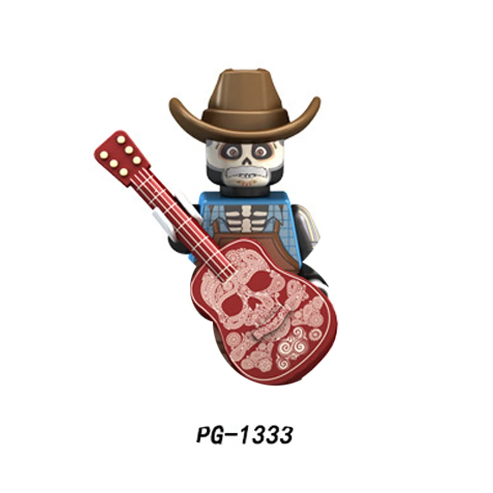 PG8138 Figurines de musiciens squelettes en mini blocs de construction avec guitare, jouet à assembler pour enfants sur le thème du Jour des Morts