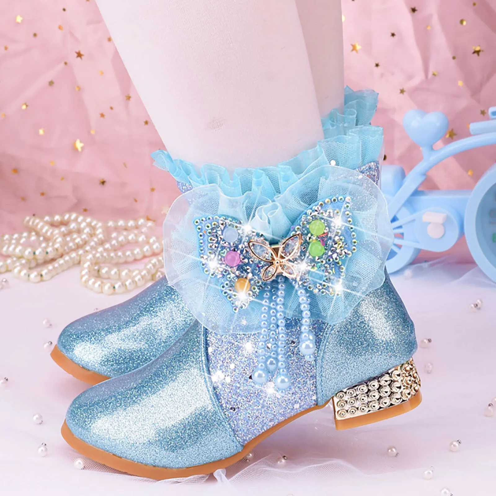 Girls Princess Boots Autumn Winter Sequins Butterfly Beading Tassel Sweet Boots Children\'s Flat Leather Shoes 2024 New Booties