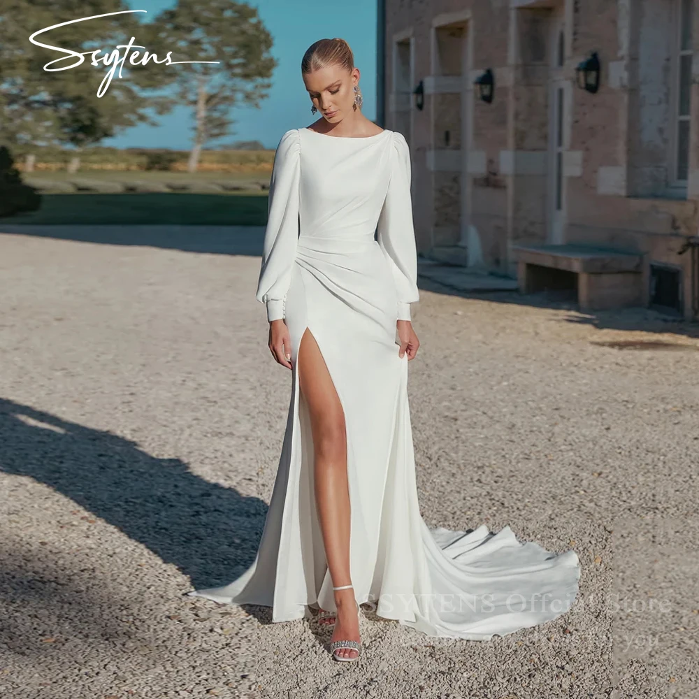 

SSYTENS Simple Solid Wedding Dresses Backless Long Satin Mermaid Bridal Dress Sexy Slit Customized Bride Gown vestidos de novia