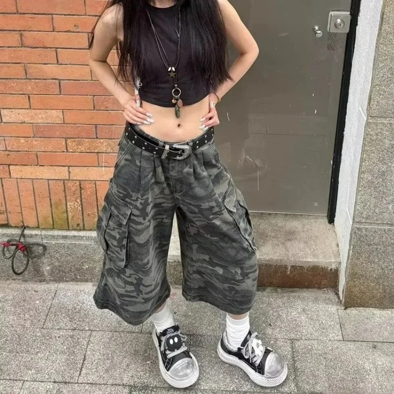 

American Retro Camouflage Workwear Jeans Summer New Loose Straight Casual Shorts Men/Women Streetwear Denim Capri Pants