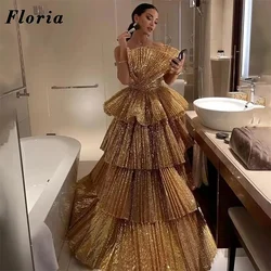 Sparkly Gold Sequins Tiered Evening Dresses Customized Women Strapless Cockail Dress Bithday Party Dress Robes Engagement Dress