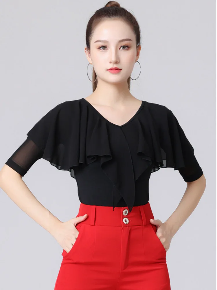 Ruffle Latin Dance Practice Waltz Tops 2023 New Ballroom Girl Jazz Solid Color Competition Costume Female Belly T-shirt