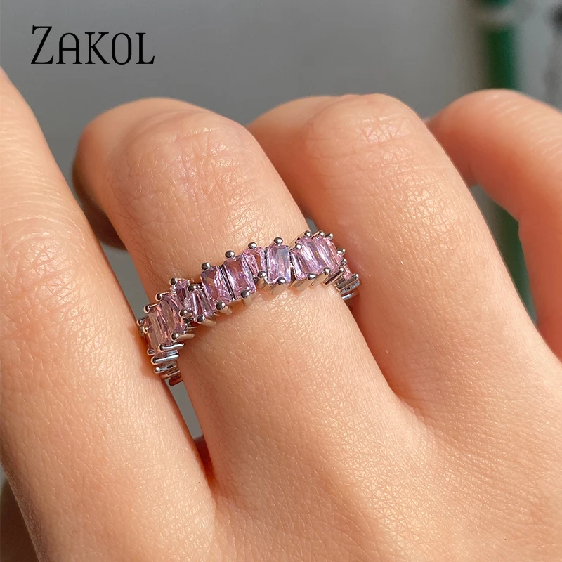 ZAKOL, anillos de compromiso de circonia cúbica Baguette rosa de lujo a la moda para mujer, piedra de cristal marquesa, regalo de joyería para fiesta y boda