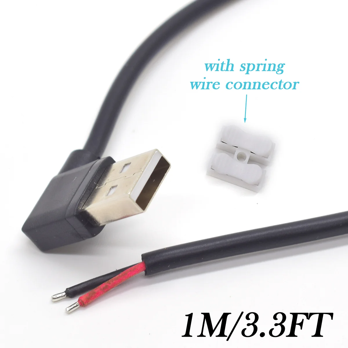 USB 2.0 Right Angle Cable 1M Male to 2-Pin Bare Wire 5V 5A for LED Power Supply Repair Extension