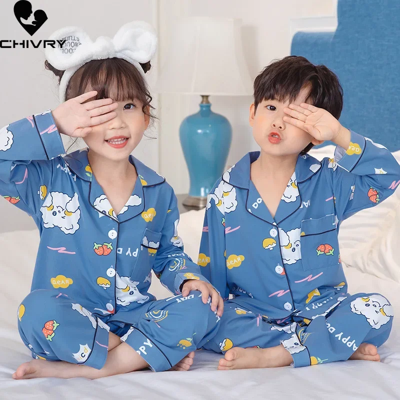 Pijama casual infantil de desenho animado, camisa de lapela, tops com calça, vestido de dormir solto para bebês meninos e meninas, novo verão, 2022