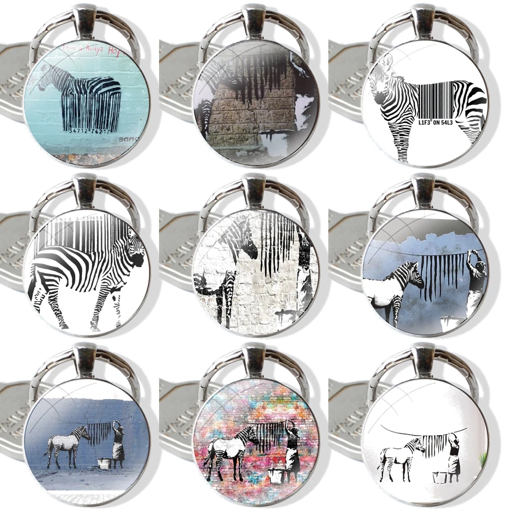 Keychain Handmade Glass Cabochon Key Ring Holder Pendant Key Chains Graffiti Artist Banksy Zebra