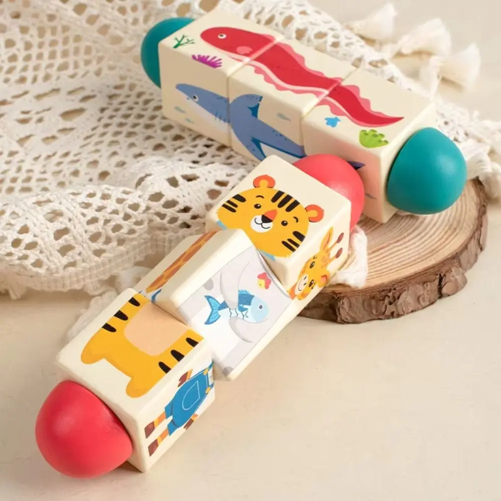 Giocattolo educativo di puzzle di rotazione animale in legno Giocattolo educativo Blocchi di puzzle rotanti di cartone animato Giocattolo di abbinamento