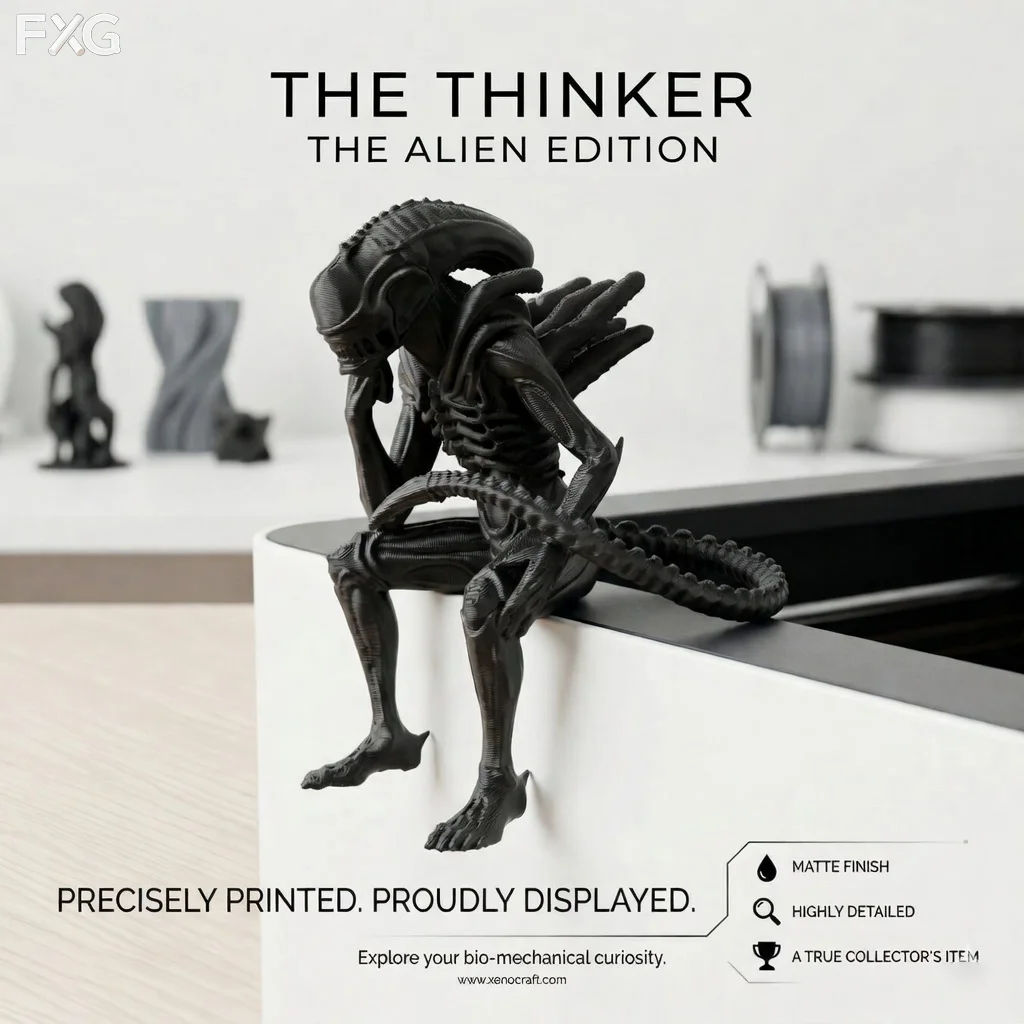 Sitting Contemplative Extraterrestrial Skeletal Figure Sculpture, Desk Decor, Gift for Gamers, Boyfriend Gift Idea, Christmas Gi