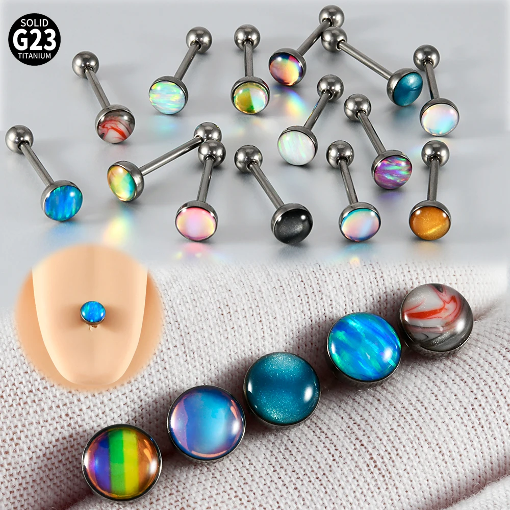 1PC Titanium Round Flash Film Opal Tongue Barbell External Threaded Piercings Screw Barbell Flash Film Tongue Piercing  Jewelry