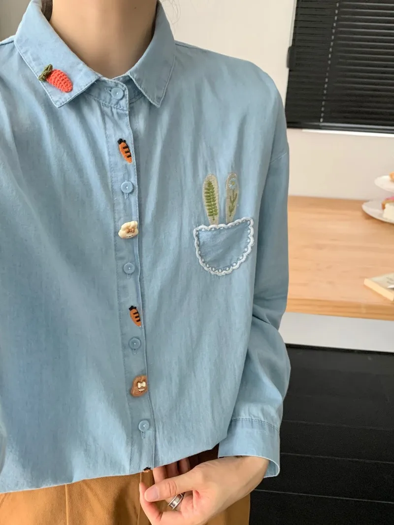 New Summer Cotton Long Sleeve Denim Shirt, Woman Lapel Embroidery Tops, Mori Girl Lace Sweet Loose Blouses, 2024 Fall T47682QC