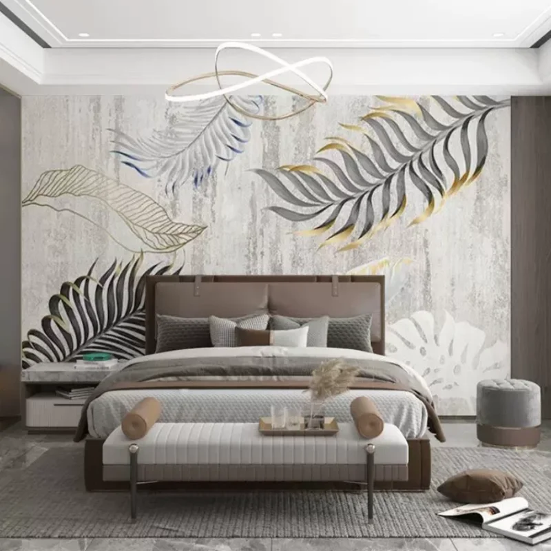 

Nordic Style Custom Mural 3D Wallpaper Gold Embossed Feather Lines Light Luxury Background Wall for Living Room Banana Leaf Desi